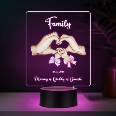 Personalized Family LED Night Light, Heart Hands Design, Customizable with Names and Date, Gift for Mom Dad Automatic Color Changing Light
